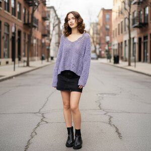 Like-New Free People Sunday Shore Purple Chunky Knit V-Neck Sweater - Size XS